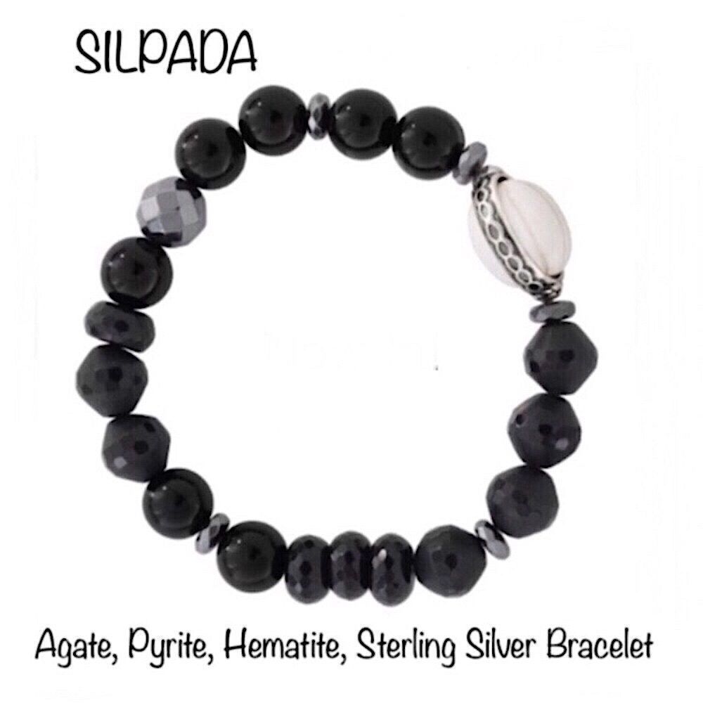 SILPADA Sterling Silver Agate Pyrite Hematite Stretch Bracelet NIB